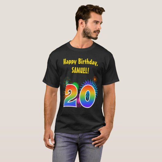 Fun Fireworks + Rainbow Pattern "20" Birthday # T-shirt (Voorkant volledig)