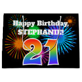 Fun Fireworks + Rainbow Pattern "21" Birthday # Groot Cadeauzakje (Voorkant)
