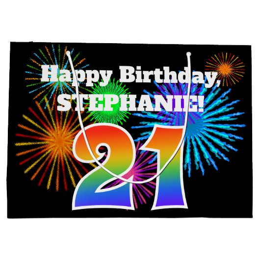 Fun Fireworks + Rainbow Pattern "21" Birthday # Groot Cadeauzakje (Achterkant)