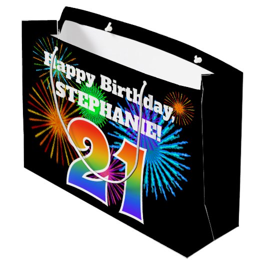 Fun Fireworks + Rainbow Pattern "21" Birthday # Groot Cadeauzakje (Achterkant Gekanteld)