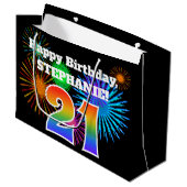 Fun Fireworks + Rainbow Pattern "21" Birthday # Groot Cadeauzakje (Voorkant Gekanteld)