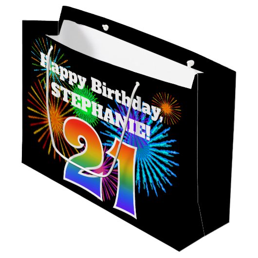 Fun Fireworks + Rainbow Pattern "21" Birthday # Groot Cadeauzakje (Voorkant Gekanteld)