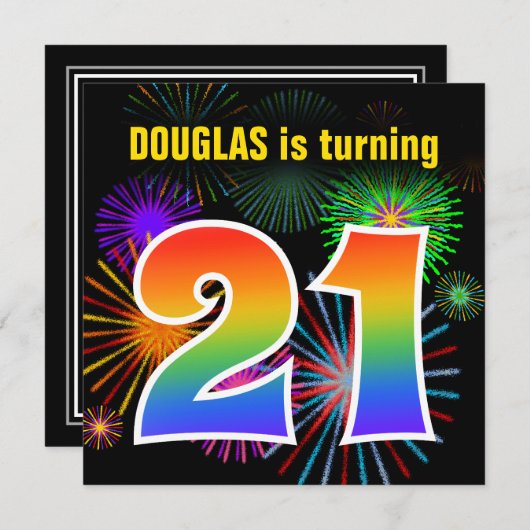 Fun Fireworks + Rainbow Pattern "21" Birthday # Kaart (Voorkant / Achterkant)