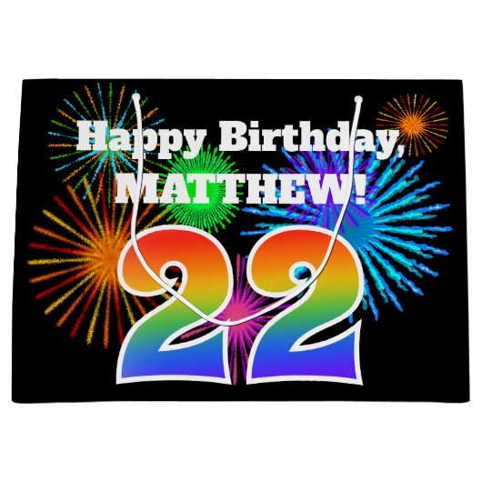 Fun Fireworks + Rainbow Pattern "22" Birthday # Groot Cadeauzakje (Voorkant)