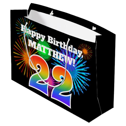 Fun Fireworks + Rainbow Pattern "22" Birthday # Groot Cadeauzakje (Achterkant Gekanteld)