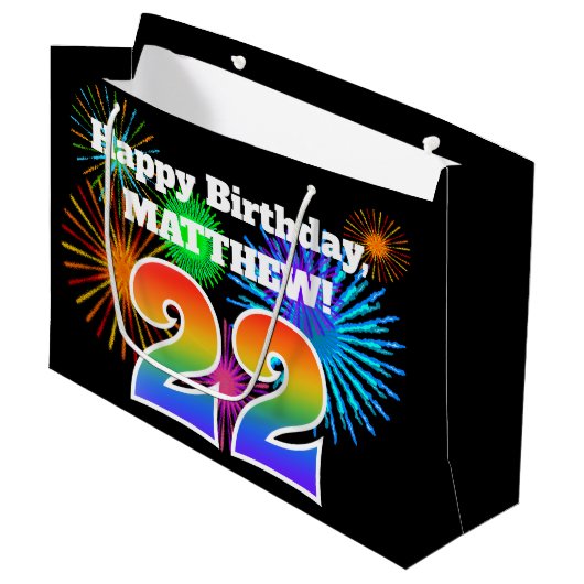 Fun Fireworks + Rainbow Pattern "22" Birthday # Groot Cadeauzakje (Voorkant Gekanteld)