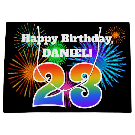Fun Fireworks + Rainbow Pattern "23" Birthday # Groot Cadeauzakje (Voorkant)