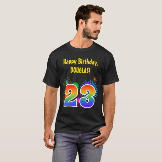 Fun Fireworks + Rainbow Pattern "23" Birthday # T-shirt (Voorkant volledig)