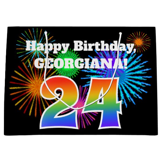 Fun Fireworks + Rainbow Pattern "24" Birthday # Groot Cadeauzakje (Voorkant)