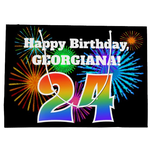 Fun Fireworks + Rainbow Pattern "24" Birthday # Groot Cadeauzakje (Achterkant)