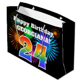 Fun Fireworks + Rainbow Pattern "24" Birthday # Groot Cadeauzakje (Achterkant Gekanteld)
