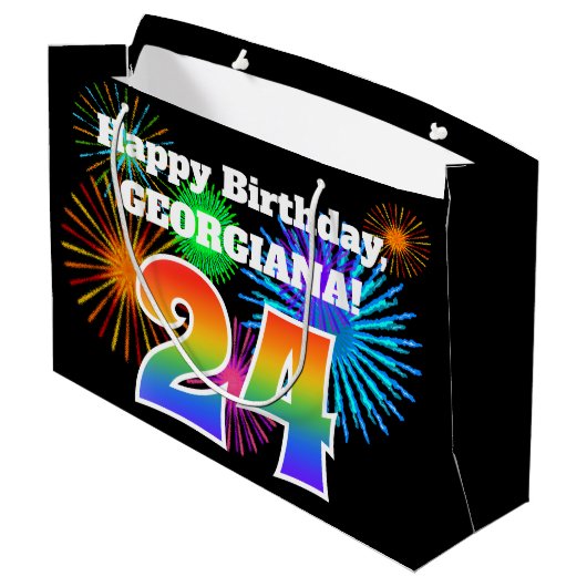 Fun Fireworks + Rainbow Pattern "24" Birthday # Groot Cadeauzakje (Achterkant Gekanteld)