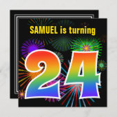 Fun Fireworks + Rainbow Pattern "24" Birthday # Kaart (Voorkant / Achterkant)