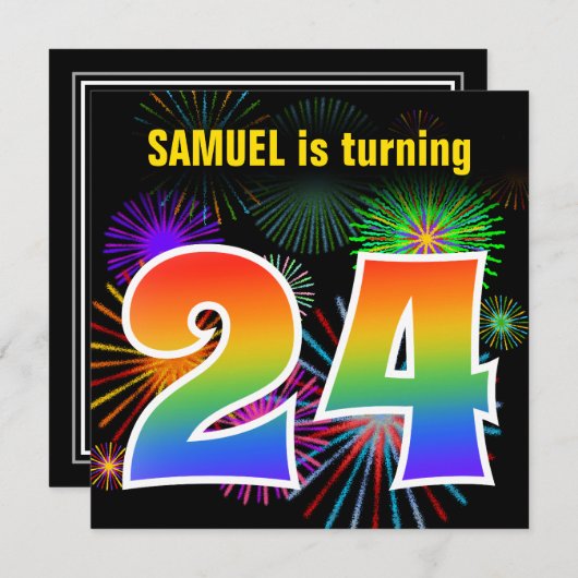 Fun Fireworks + Rainbow Pattern "24" Birthday # Kaart (Voorkant / Achterkant)