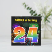 Fun Fireworks + Rainbow Pattern "24" Birthday # Kaart (Staand voorkant)