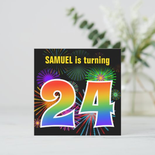 Fun Fireworks + Rainbow Pattern "24" Birthday # Kaart (Staand voorkant)