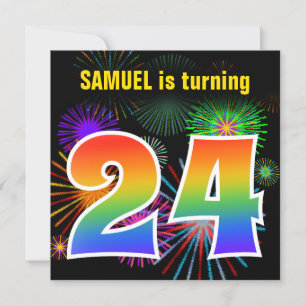 Fun Fireworks + Rainbow Pattern "24" Birthday # Kaart