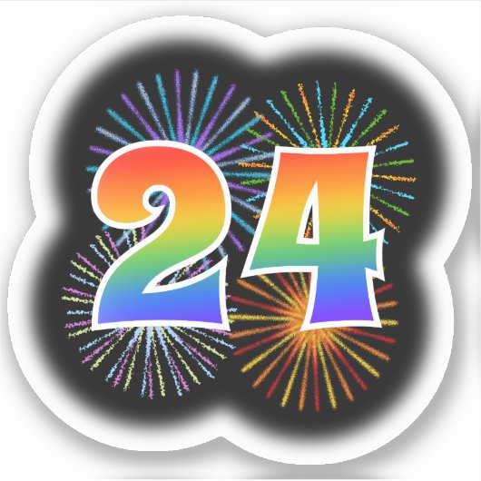Fun Fireworks + Rainbow Pattern "24" Event # Sticker (Voorkant)