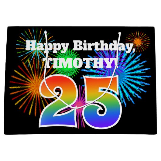 Fun Fireworks + Rainbow Pattern "25" Birthday # Groot Cadeauzakje (Voorkant)