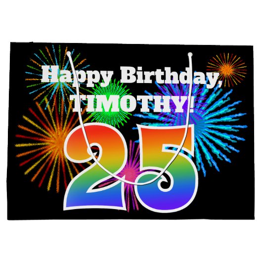 Fun Fireworks + Rainbow Pattern "25" Birthday # Groot Cadeauzakje (Achterkant)