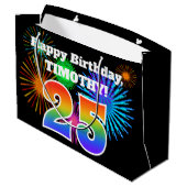 Fun Fireworks + Rainbow Pattern "25" Birthday # Groot Cadeauzakje (Achterkant Gekanteld)