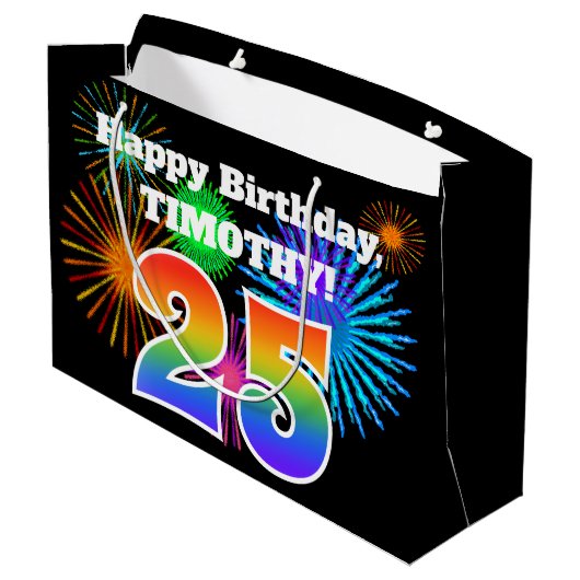 Fun Fireworks + Rainbow Pattern "25" Birthday # Groot Cadeauzakje (Achterkant Gekanteld)