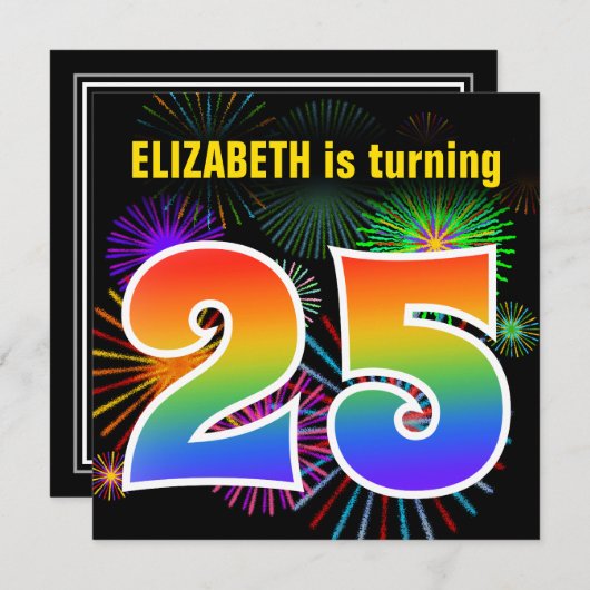 Fun Fireworks + Rainbow Pattern "25" Birthday # Kaart (Voorkant / Achterkant)