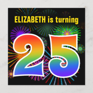 Fun Fireworks + Rainbow Pattern "25" Birthday # Kaart
