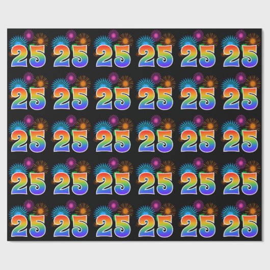 Fun Fireworks + Rainbow Pattern "25" Event Number Cadeaupapier (Vlak)