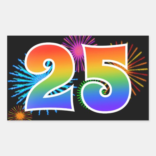 Fun Fireworks + Rainbow Pattern "25" Event Number Rechthoekige Sticker (Voorkant)