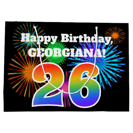 Fun Fireworks + Rainbow Pattern "26" Birthday # Groot Cadeauzakje (Achterkant)