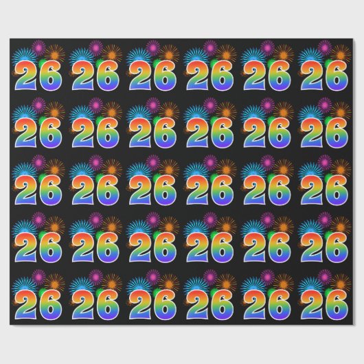 Fun Fireworks + Rainbow Pattern "26" Event Number Cadeaupapier (Vlak)