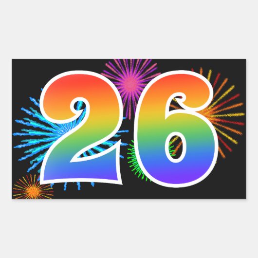 Fun Fireworks + Rainbow Pattern "26" Event Number Rechthoekige Sticker (Voorkant)