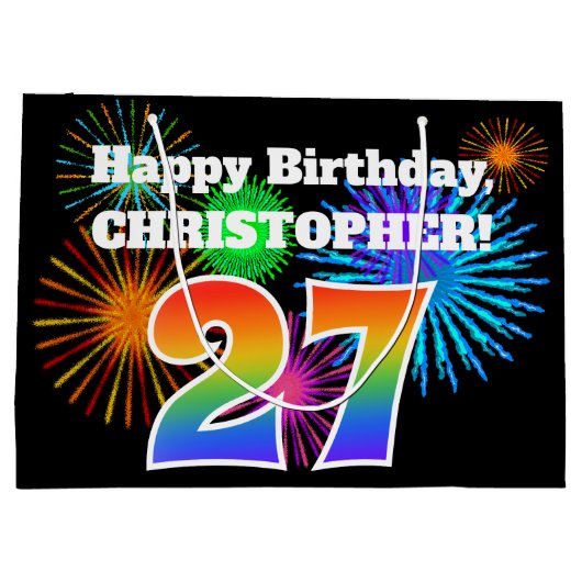 Fun Fireworks + Rainbow Pattern "27" Birthday # Groot Cadeauzakje (Achterkant)