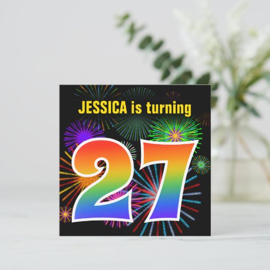 Fun Fireworks + Rainbow Pattern "27" Birthday # Kaart (Staand voorkant)