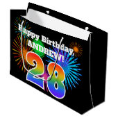 Fun Fireworks + Rainbow Pattern "28" Birthday # Groot Cadeauzakje (Voorkant Gekanteld)