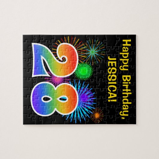 Fun Fireworks + Rainbow Pattern "28" Birthday # Legpuzzel (Horizontaal)