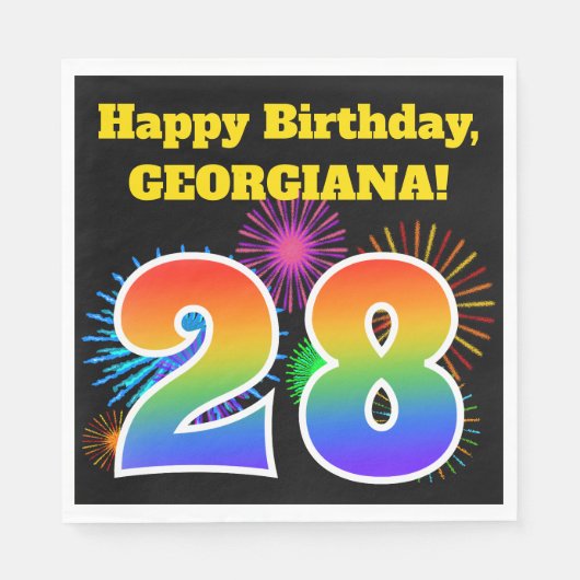 Fun Fireworks + Rainbow Pattern "28" Birthday # Servet (Voorkant)