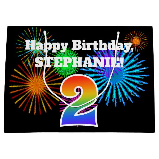 Fun Fireworks + Rainbow Pattern "2" Birthday # Groot Cadeauzakje (Voorkant)
