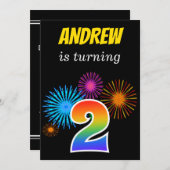 Fun Fireworks + Rainbow Pattern "2" Birthday # Kaart (Voorkant / Achterkant)
