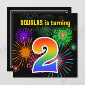 Fun Fireworks + Rainbow Pattern "2" Birthday # Kaart (Voorkant / Achterkant)