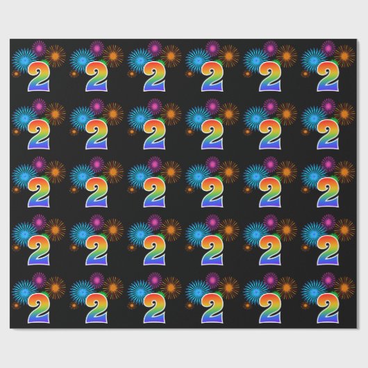 Fun Fireworks + Rainbow Pattern "2" Event Number Cadeaupapier (Vlak)