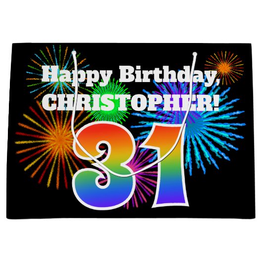 Fun Fireworks + Rainbow Pattern "31" Birthday # Groot Cadeauzakje (Voorkant)