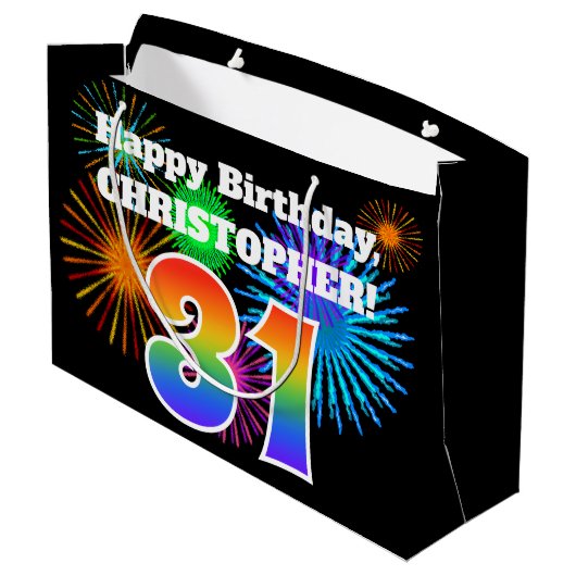 Fun Fireworks + Rainbow Pattern "31" Birthday # Groot Cadeauzakje (Achterkant Gekanteld)