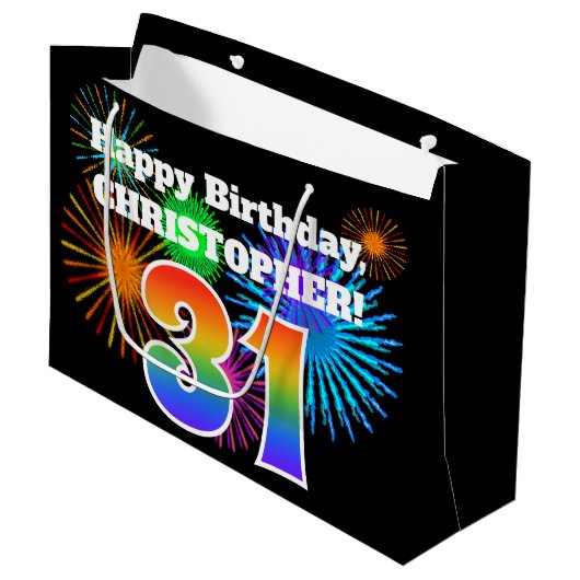 Fun Fireworks + Rainbow Pattern "31" Birthday # Groot Cadeauzakje (Voorkant Gekanteld)