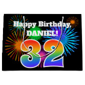 Fun Fireworks + Rainbow Pattern "32" Birthday # Groot Cadeauzakje (Voorkant)