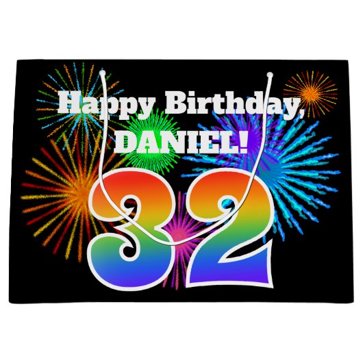 Fun Fireworks + Rainbow Pattern "32" Birthday # Groot Cadeauzakje (Voorkant)