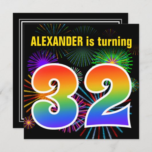 Fun Fireworks + Rainbow Pattern "32" Birthday # Kaart (Voorkant / Achterkant)
