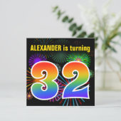 Fun Fireworks + Rainbow Pattern "32" Birthday # Kaart (Staand voorkant)