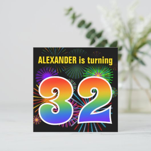 Fun Fireworks + Rainbow Pattern "32" Birthday # Kaart (Staand voorkant)